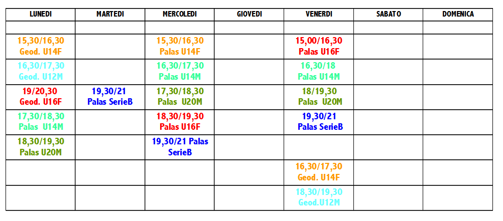 Planning orari allenamenti     Stagione 2016-2017